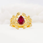 Pear Cut Ruby Floral Engagement Ring Set - Yellow-Gold