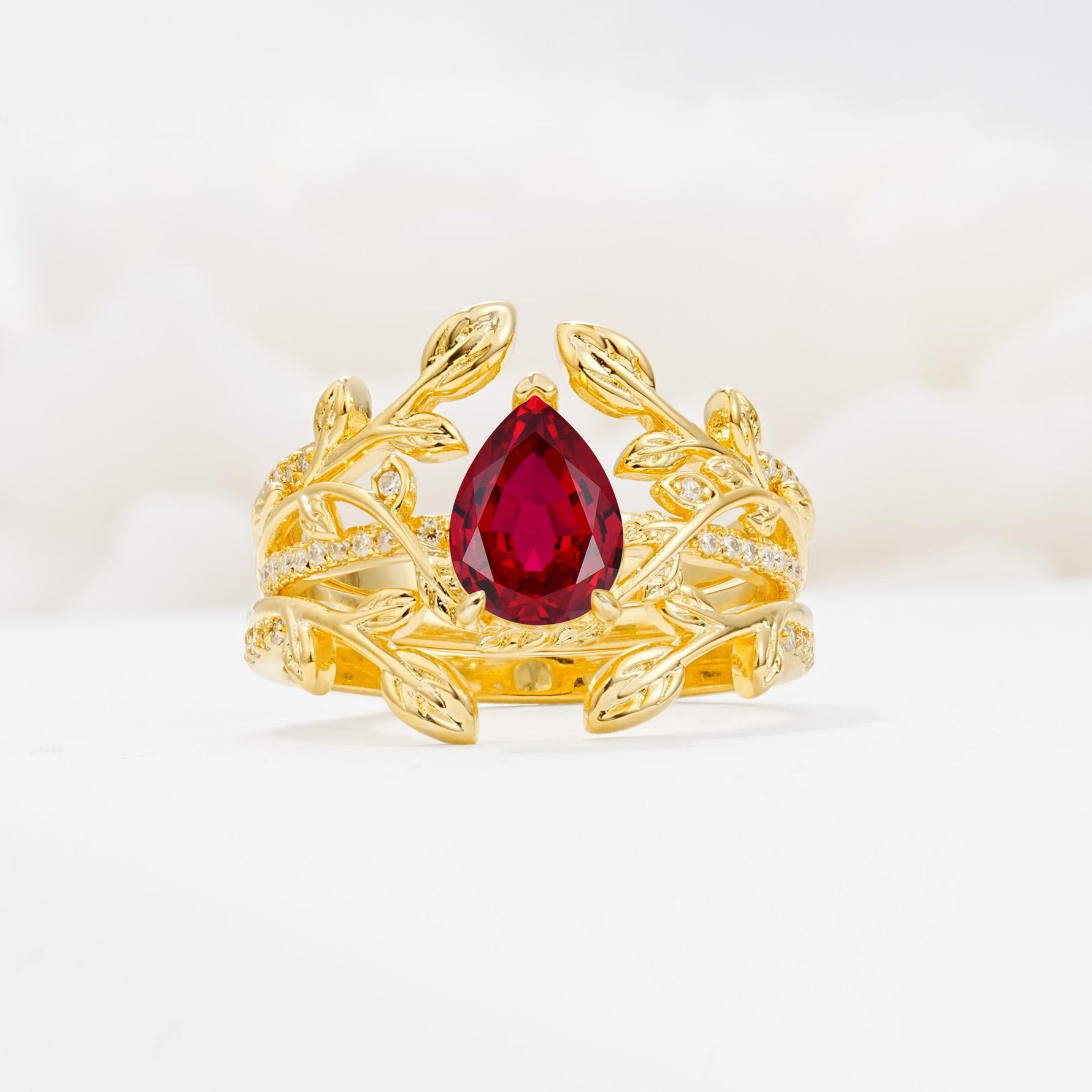 Pear Cut Ruby Floral Engagement Ring Set - Yellow-Gold