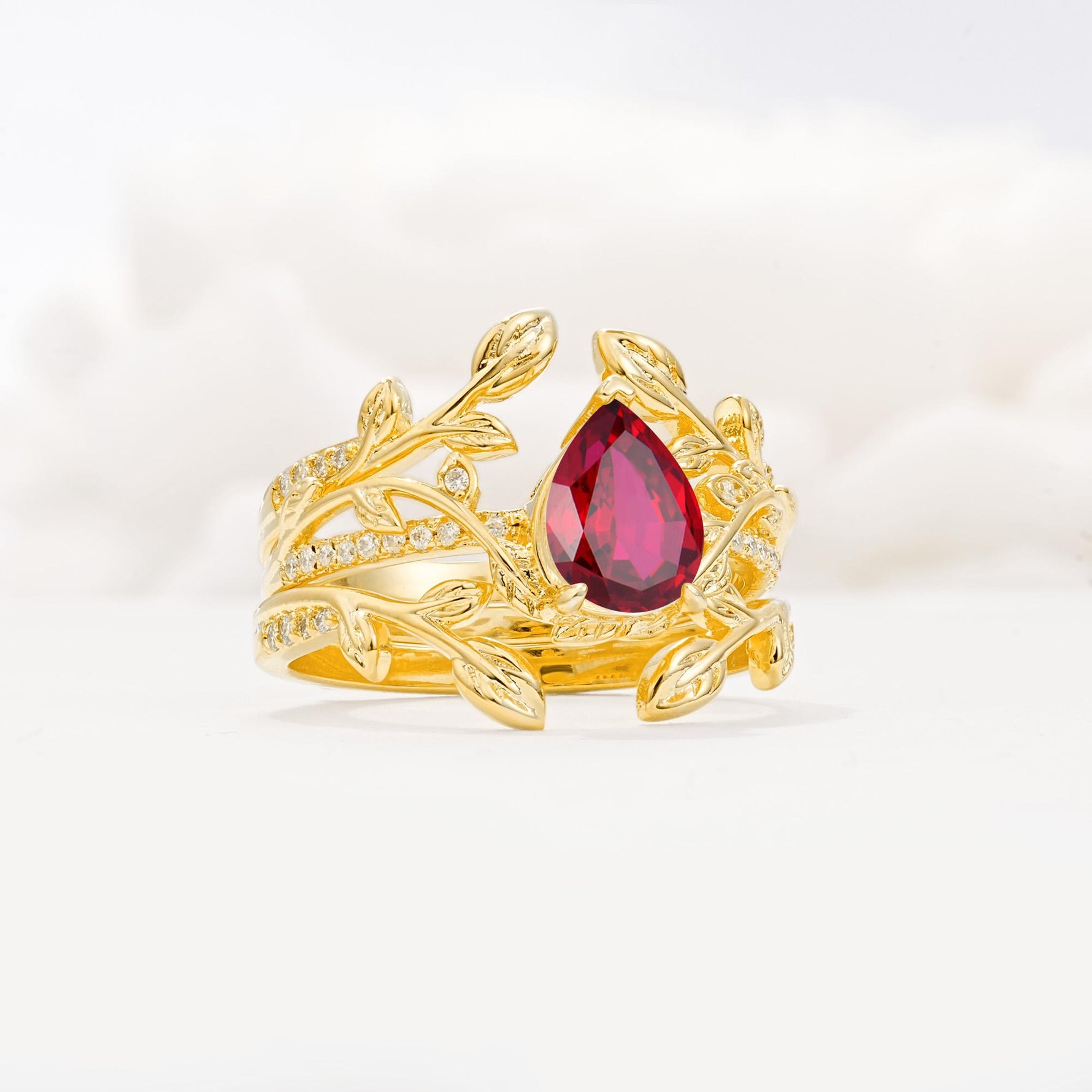 Pear Cut Ruby Floral Engagement Ring Set - Rose-Gold