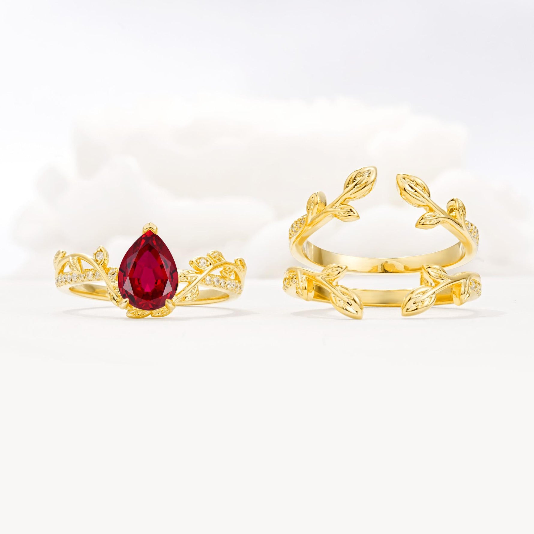 Pear Cut Ruby Floral Engagement Ring Set - White-Gold