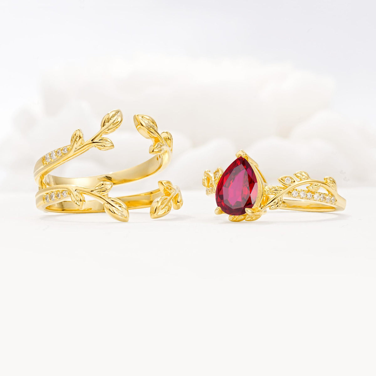 Pear Cut Ruby Floral Engagement Ring Set - Additional view