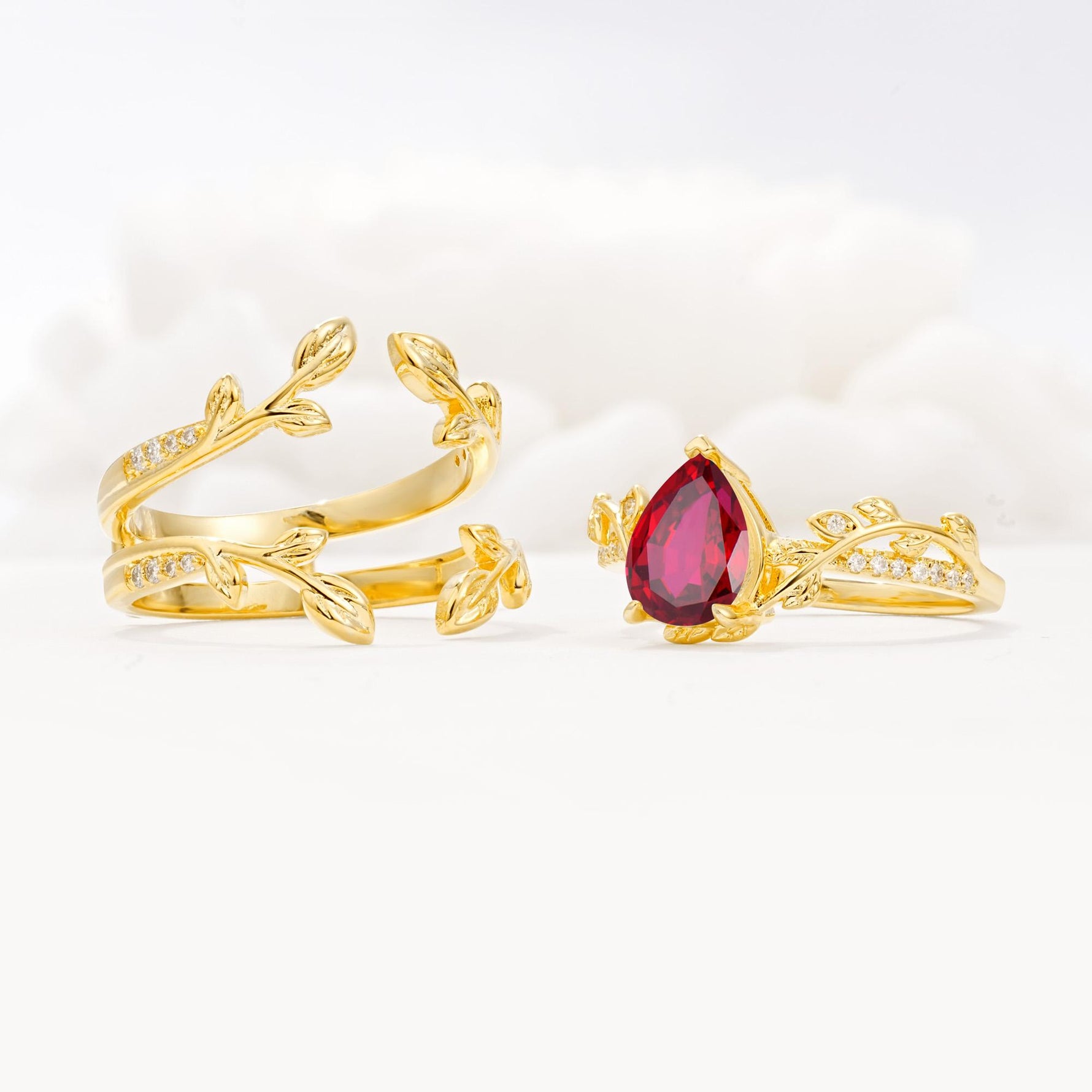 Pear Cut Ruby Floral Engagement Ring Set - Additional view