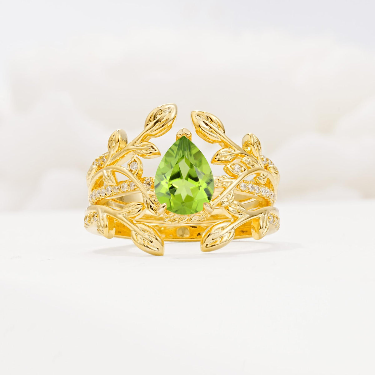 Pear Cut Peridot Floral Engagement Ring Set - Yellow-Gold