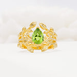 Pear Cut Peridot Floral Engagement Ring Set - Yellow-Gold