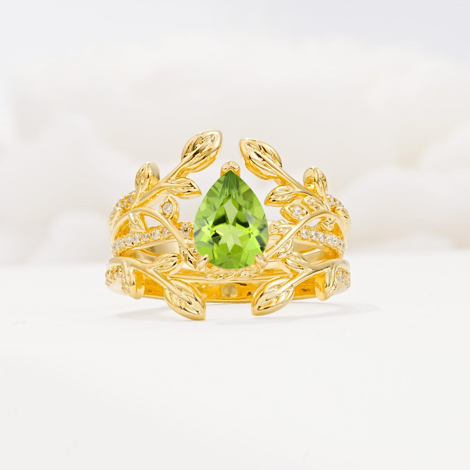 Pear Cut Peridot Floral Engagement Ring Set - Yellow-Gold