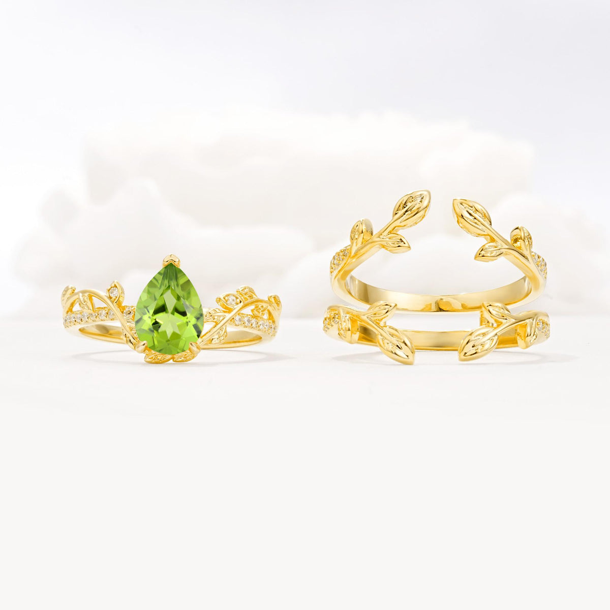 Pear Cut Peridot Floral Engagement Ring Set - White-Gold