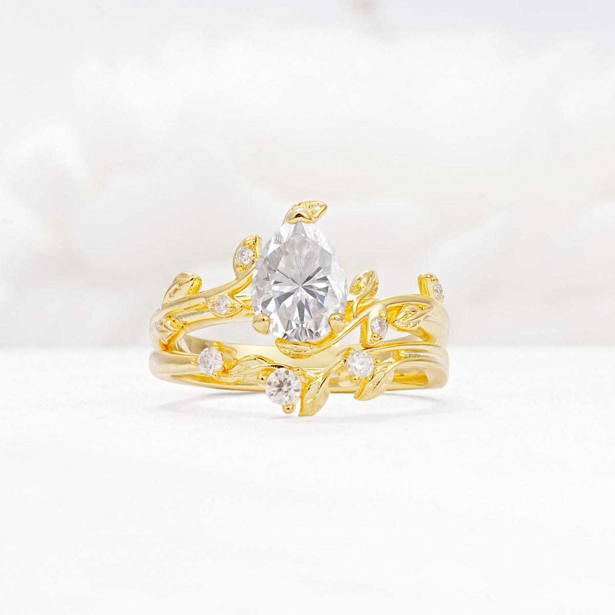 Nature-Inspired Pear Cut Moissanite Engagement Ring Set with Twisted Vine Accents - Yellow-Gold