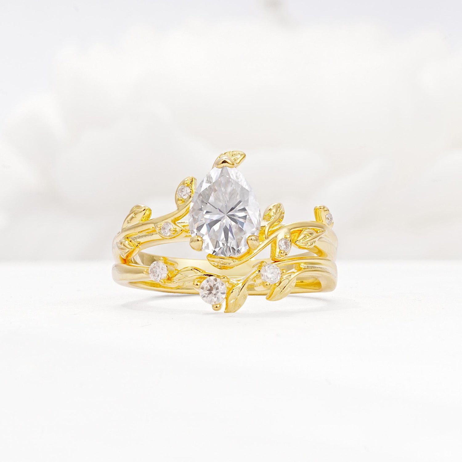 Nature-Inspired Pear Cut Moissanite Engagement Ring Set with Twisted Vine Accents - Yellow-Gold