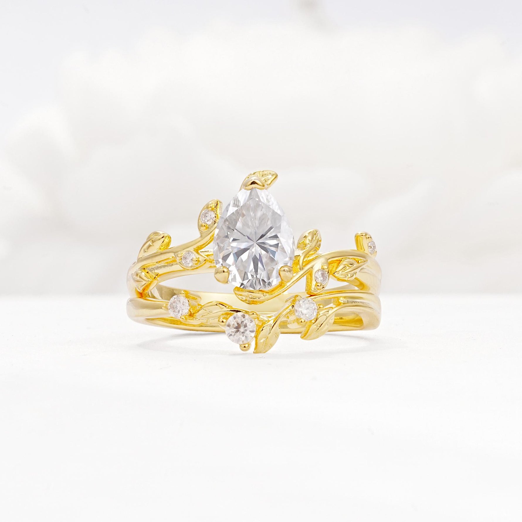 Nature-Inspired Pear Cut Moissanite Engagement Ring Set with Twisted Vine Accents - Yellow-Gold