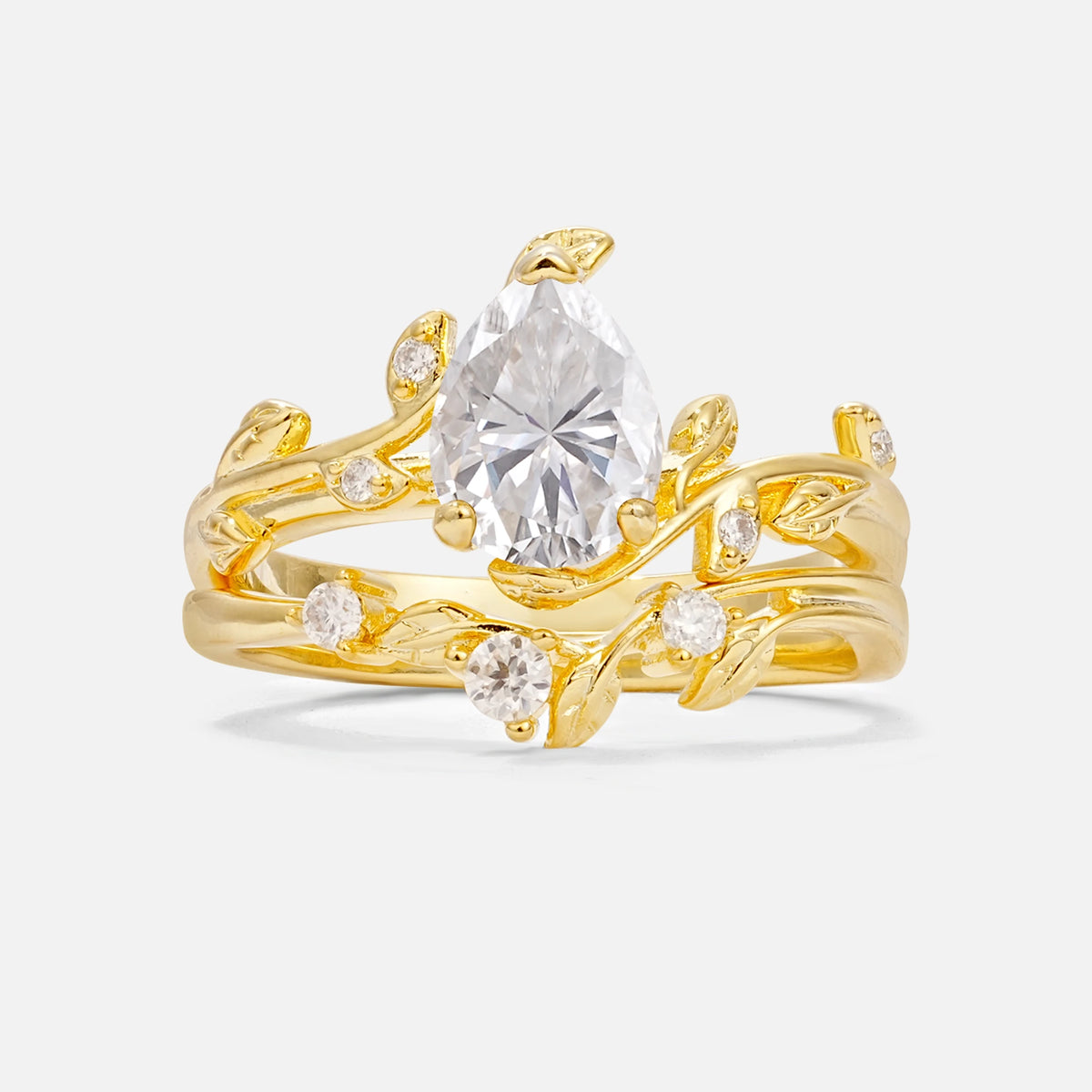 Nature-Inspired Pear Cut Moissanite Engagement Ring Set with Twisted Vine Accents