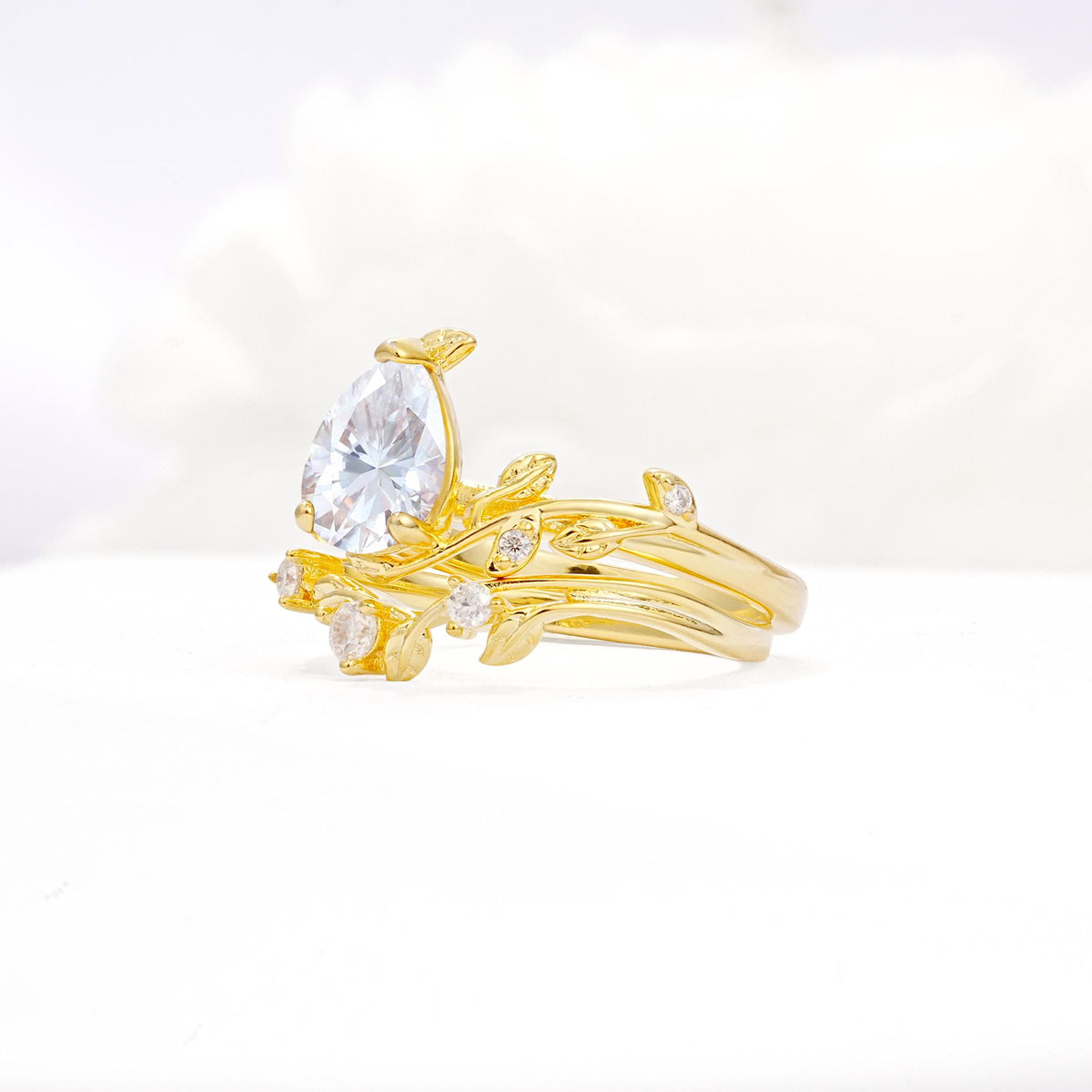Nature-Inspired Pear Cut Moissanite Engagement Ring Set with Twisted Vine Accents - White-Gold