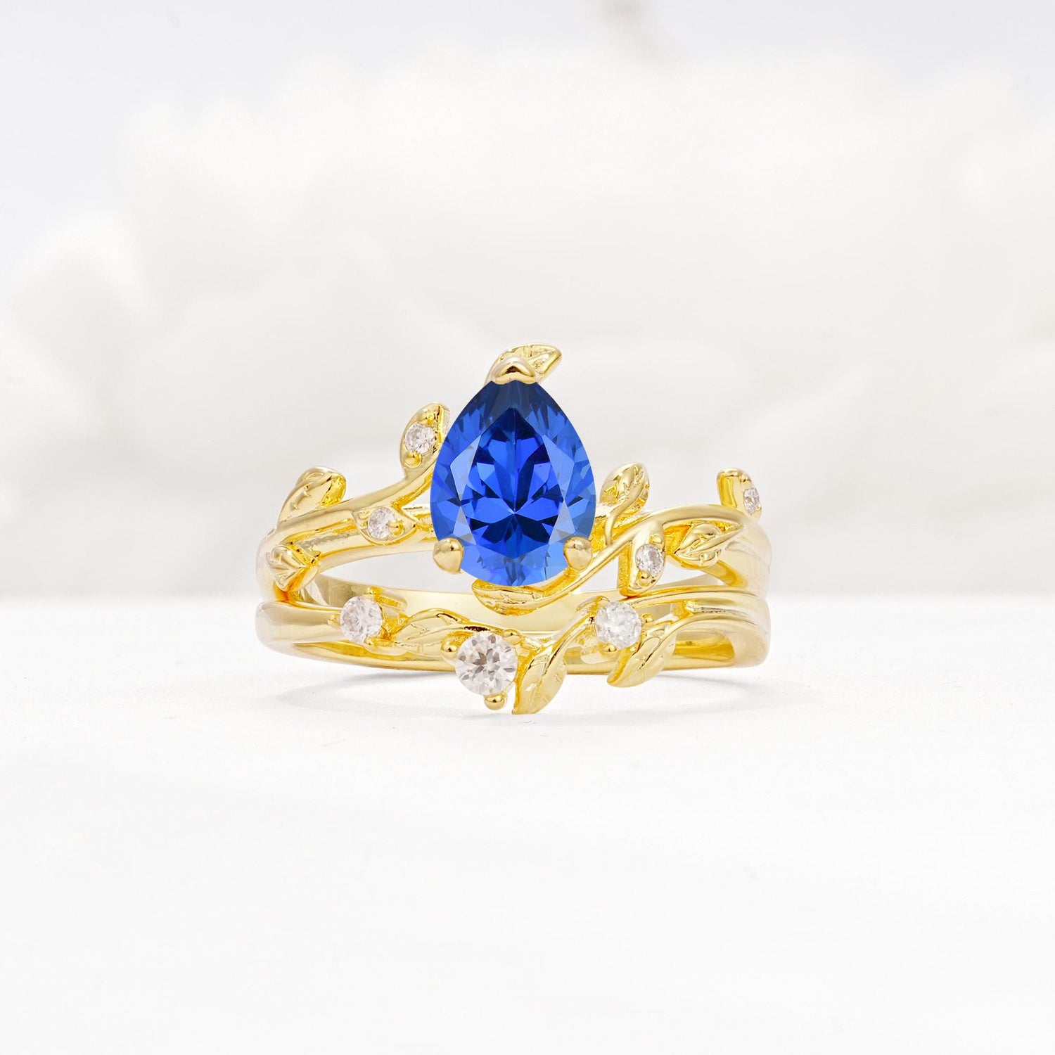 Nature-Inspired Pear Cut Sapphire Engagement Ring Set with Twisted Vine Accents - Yellow-Gold