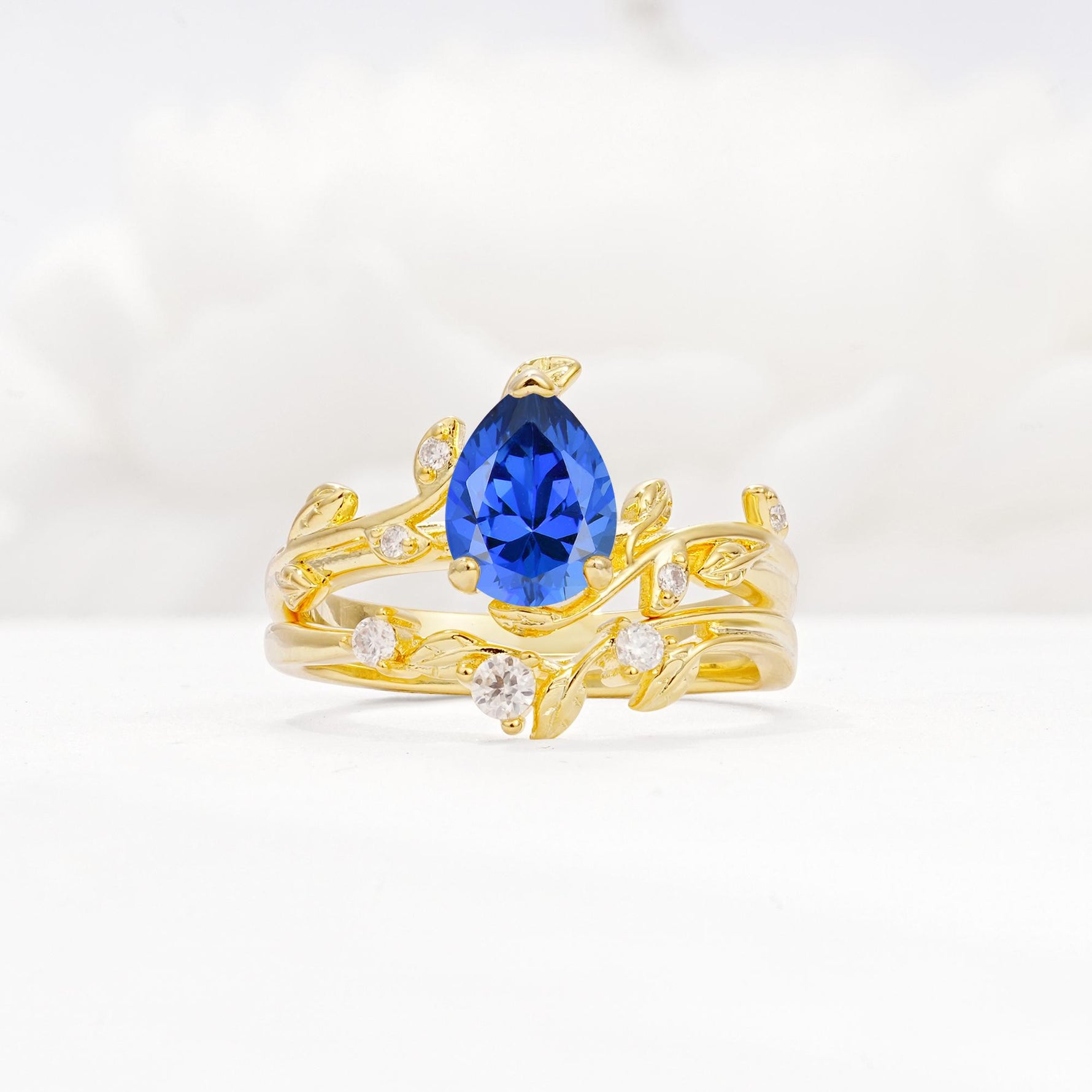Nature-Inspired Pear Cut Sapphire Engagement Ring Set with Twisted Vine Accents - Yellow-Gold