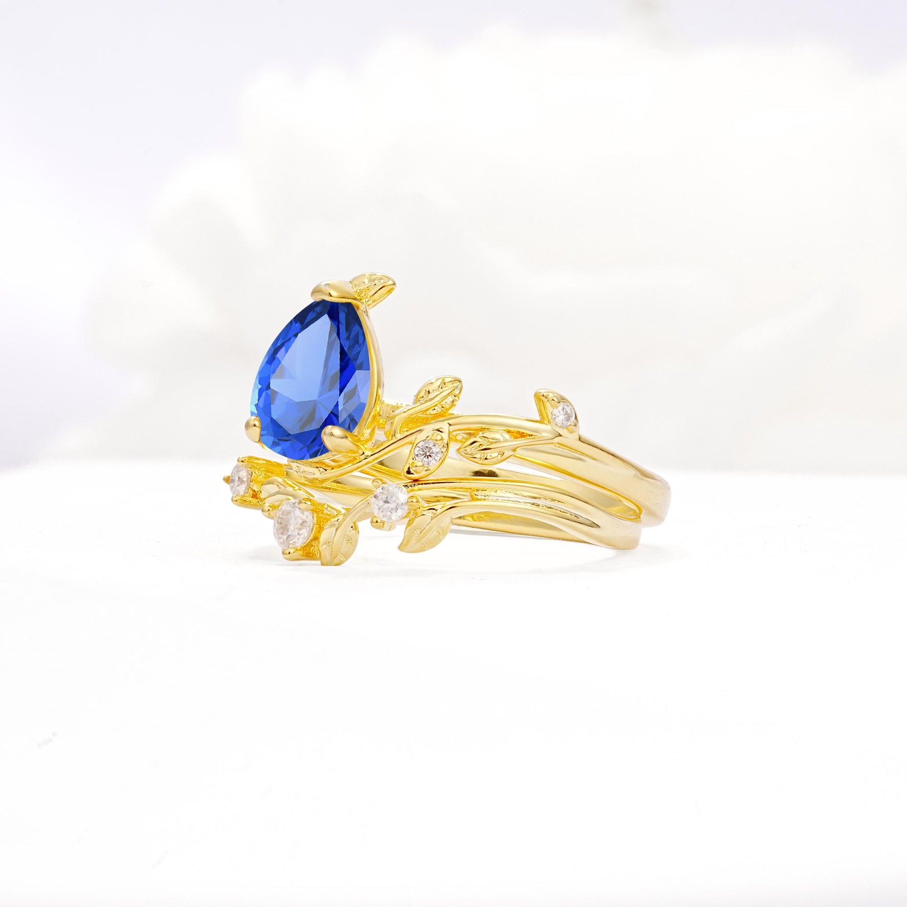 Nature-Inspired Pear Cut Sapphire Engagement Ring Set with Twisted Vine Accents - White-Gold