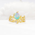Nature-Inspired Pear Cut Fire Opal Engagement Ring Set with Twisted Vine Accents - Yellow-Gold