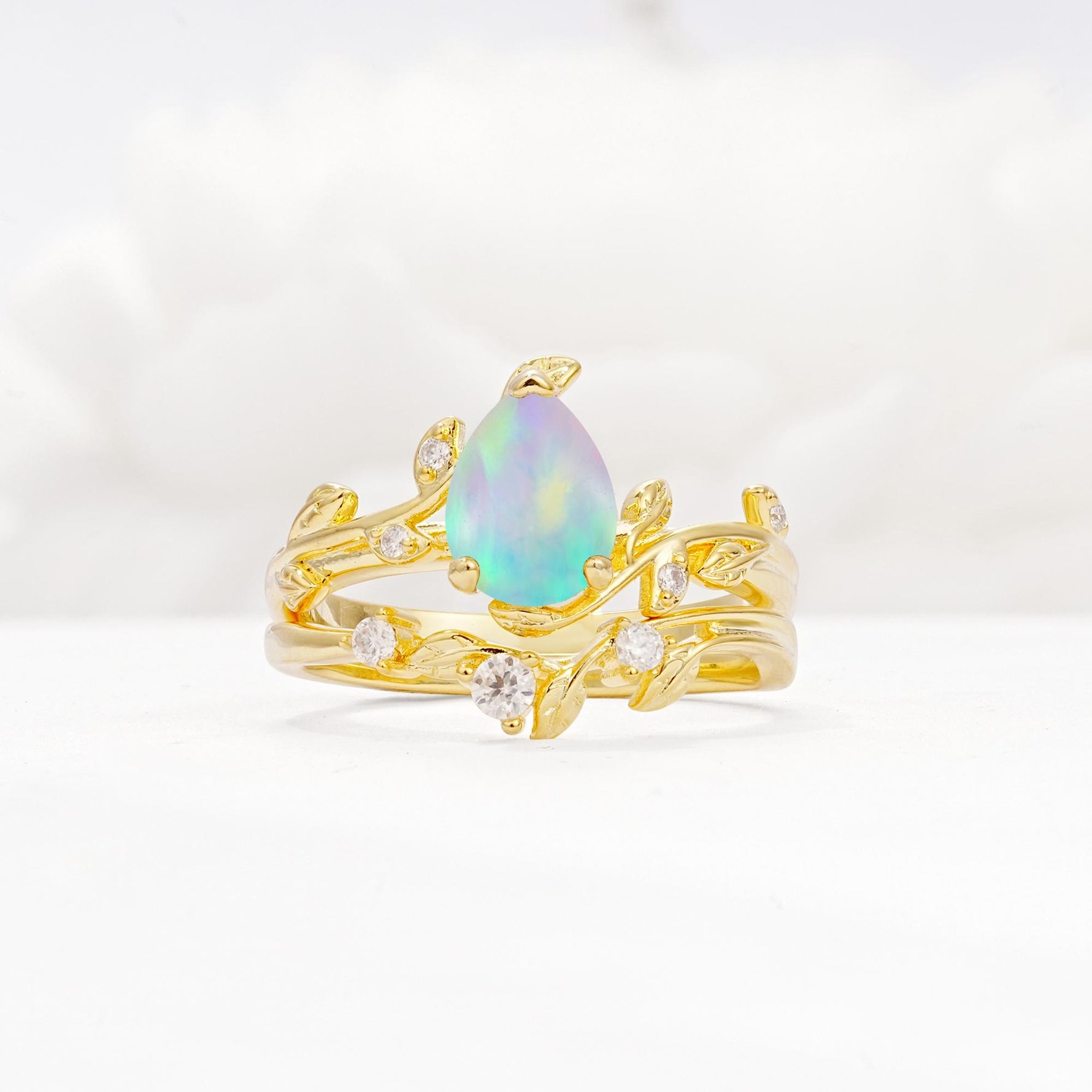 Nature-Inspired Pear Cut Fire Opal Engagement Ring Set with Twisted Vine Accents - Yellow-Gold