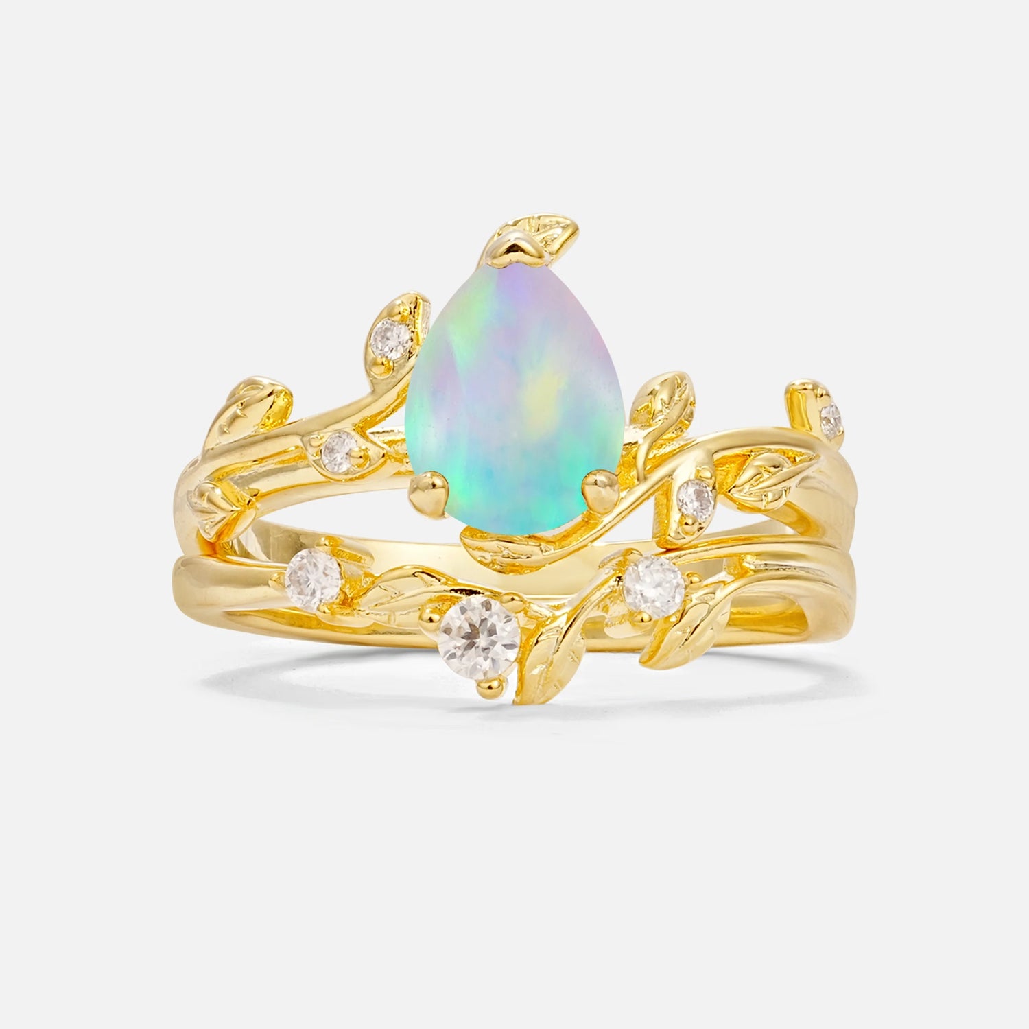 Nature-Inspired Pear Cut Fire Opal Engagement Ring Set with Twisted Vine Accents