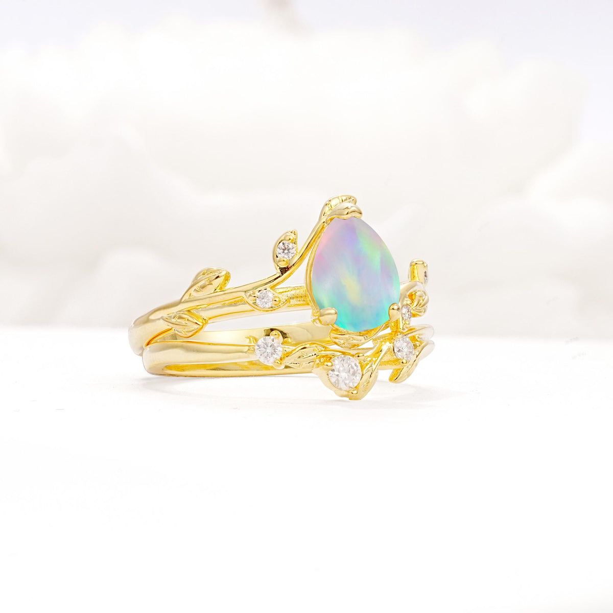 Nature-Inspired Pear Cut Fire Opal Engagement Ring Set with Twisted Vine Accents - Rose-Gold