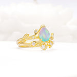 Nature-Inspired Pear Cut Fire Opal Engagement Ring Set with Twisted Vine Accents - Rose-Gold