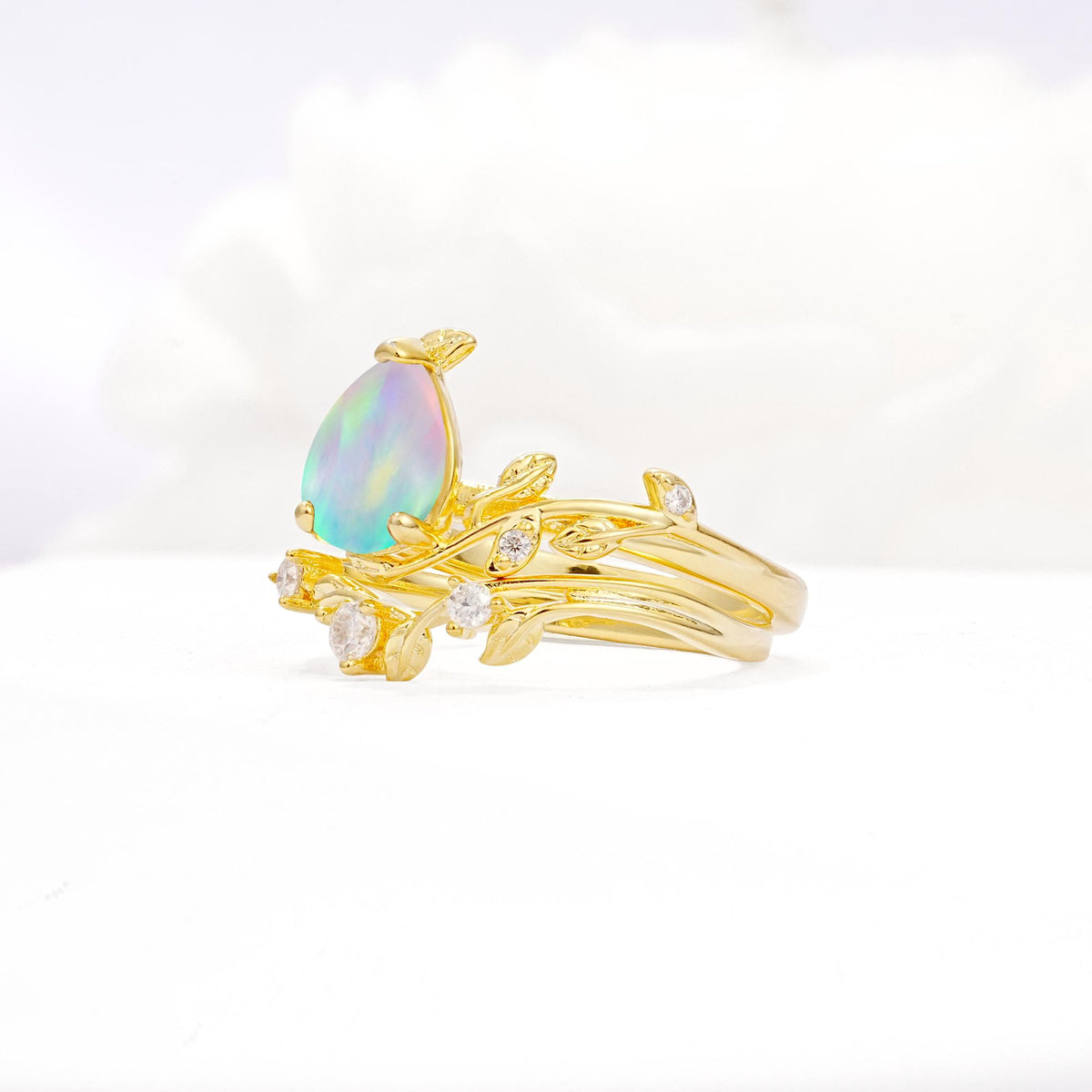 Nature-Inspired Pear Cut Fire Opal Engagement Ring Set with Twisted Vine Accents - White-Gold