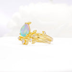 Nature-Inspired Pear Cut Fire Opal Engagement Ring Set with Twisted Vine Accents - White-Gold