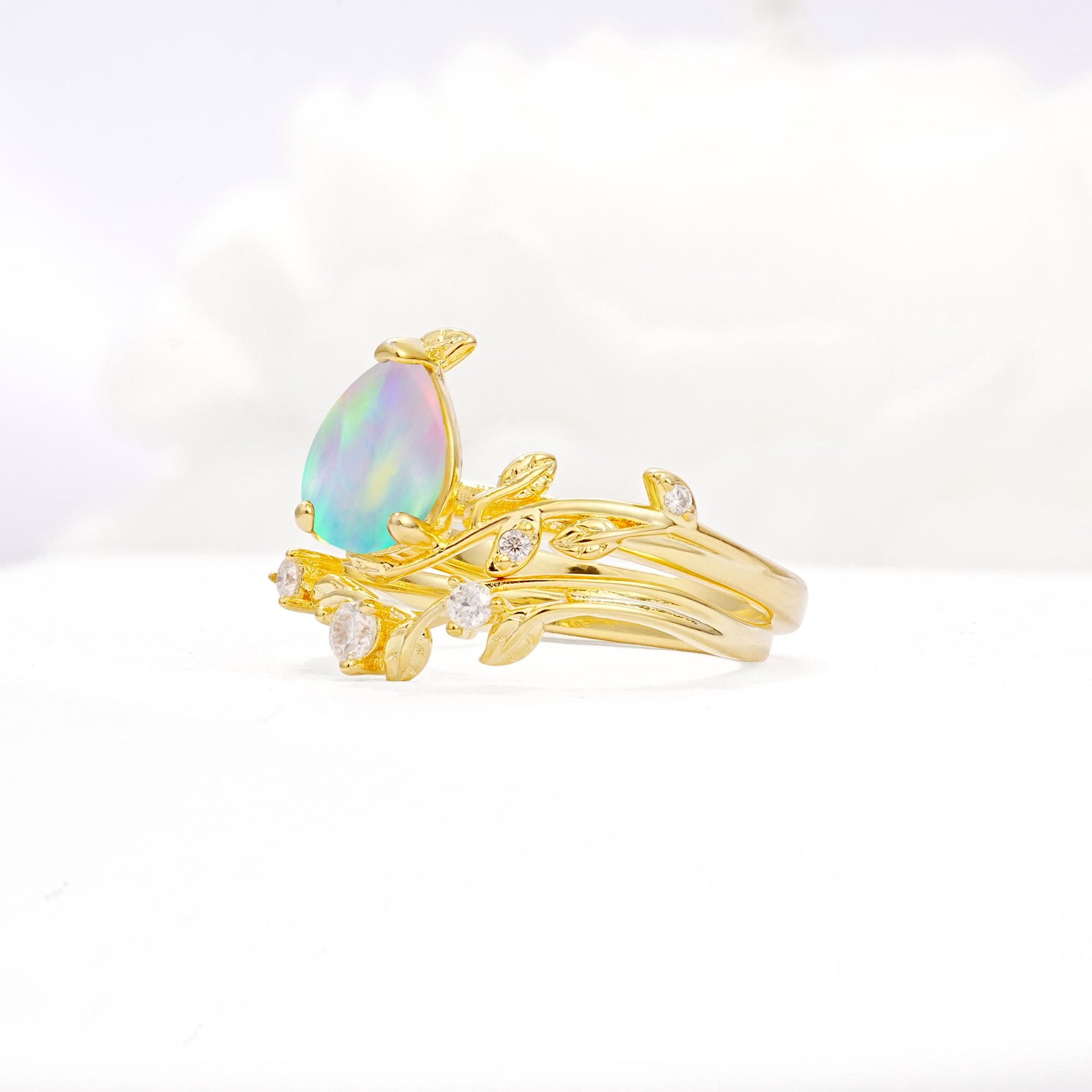 Nature-Inspired Pear Cut Fire Opal Engagement Ring Set with Twisted Vine Accents - White-Gold