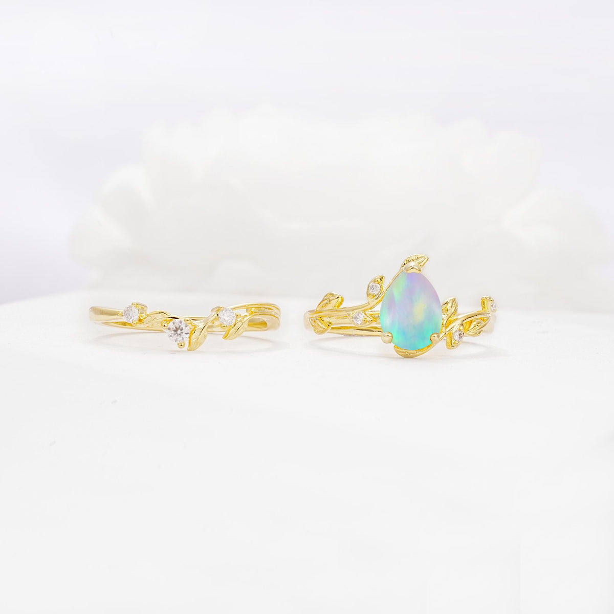 Nature-Inspired Pear Cut Fire Opal Engagement Ring Set with Twisted Vine Accents - Additional view