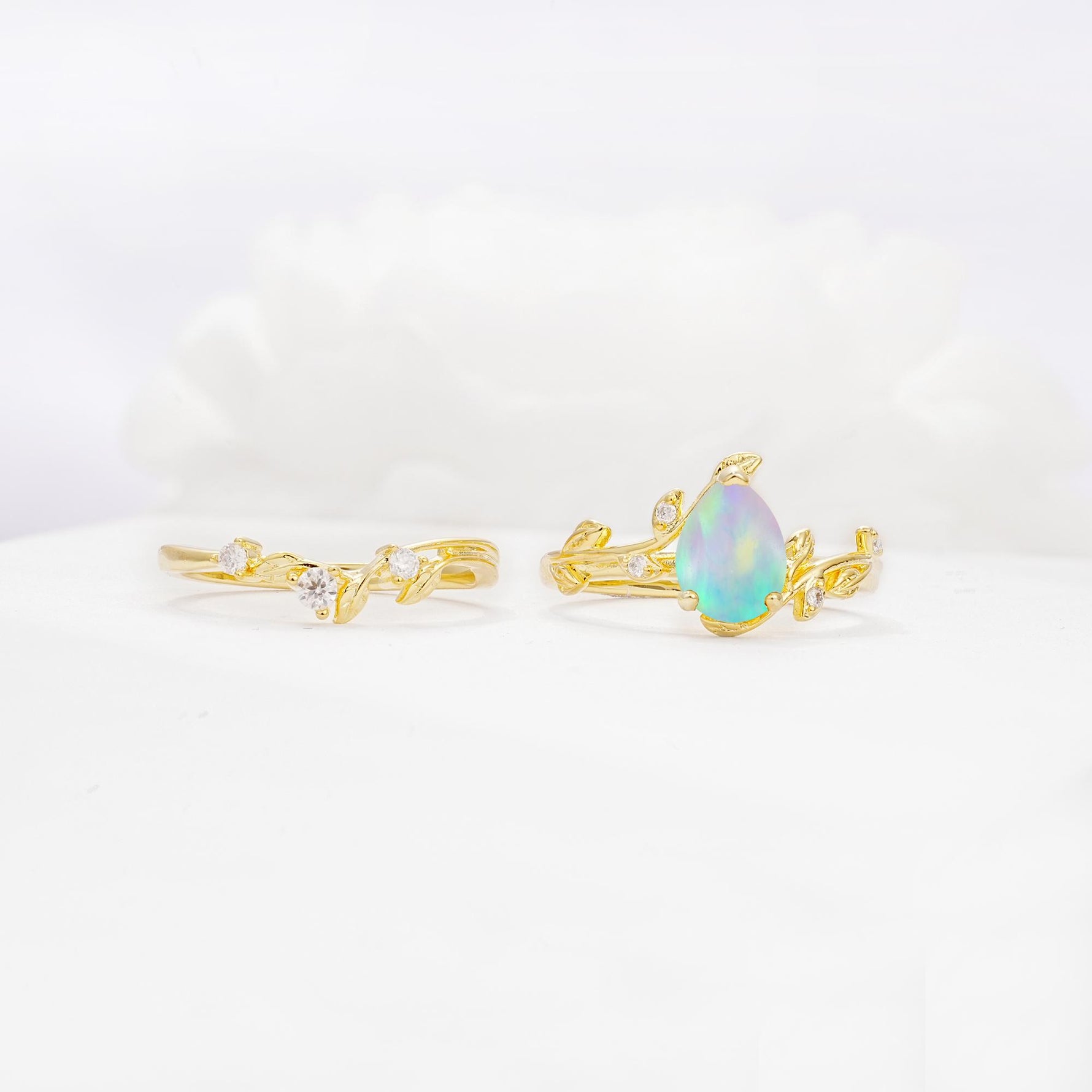 Nature-Inspired Pear Cut Fire Opal Engagement Ring Set with Twisted Vine Accents - Additional view