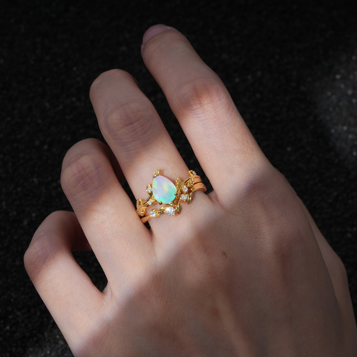 Nature-Inspired Pear Cut Fire Opal Engagement Ring Set with Twisted Vine Accents