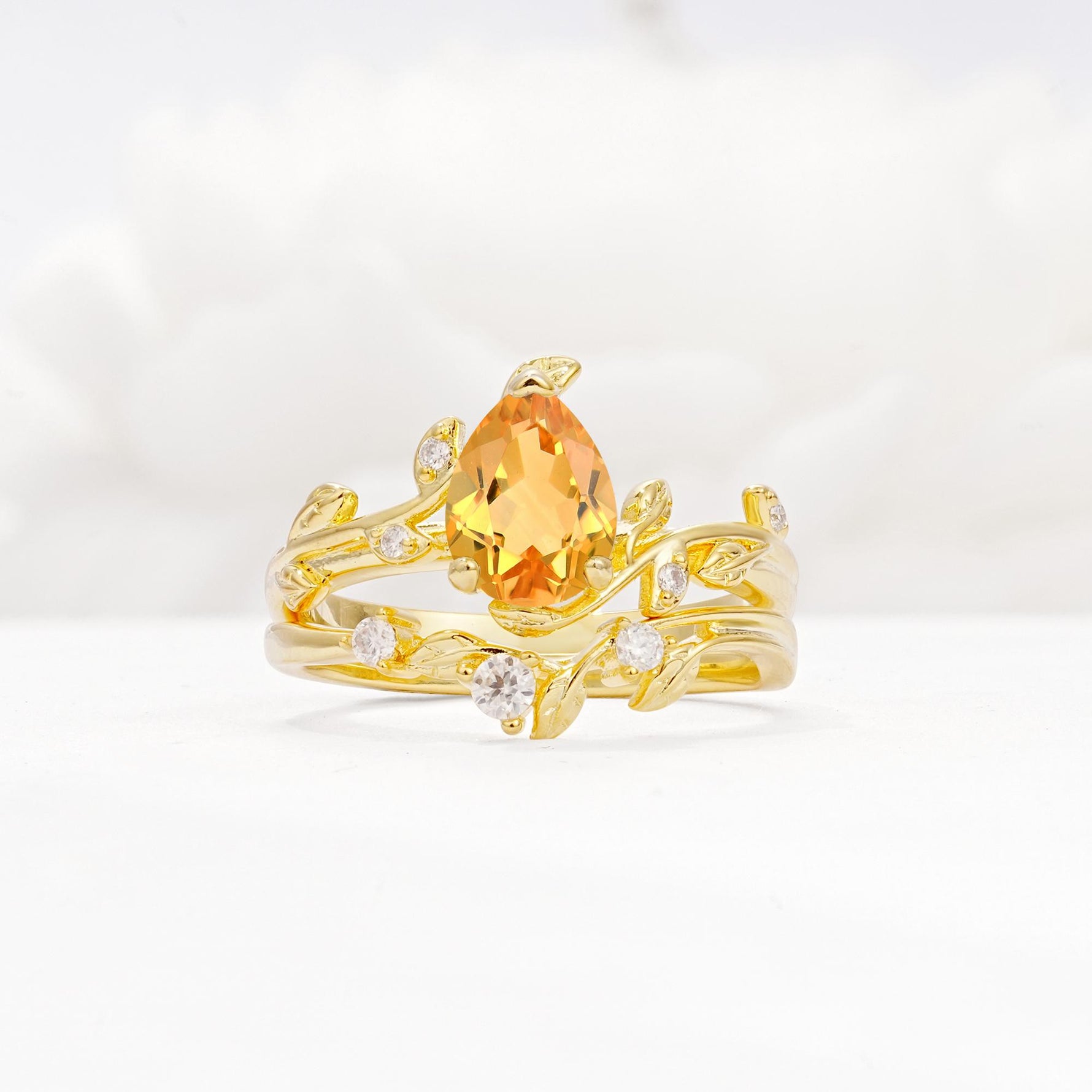 Nature-Inspired Pear Cut Citrine Engagement Ring Set with Twisted Vine Accents - Yellow-Gold
