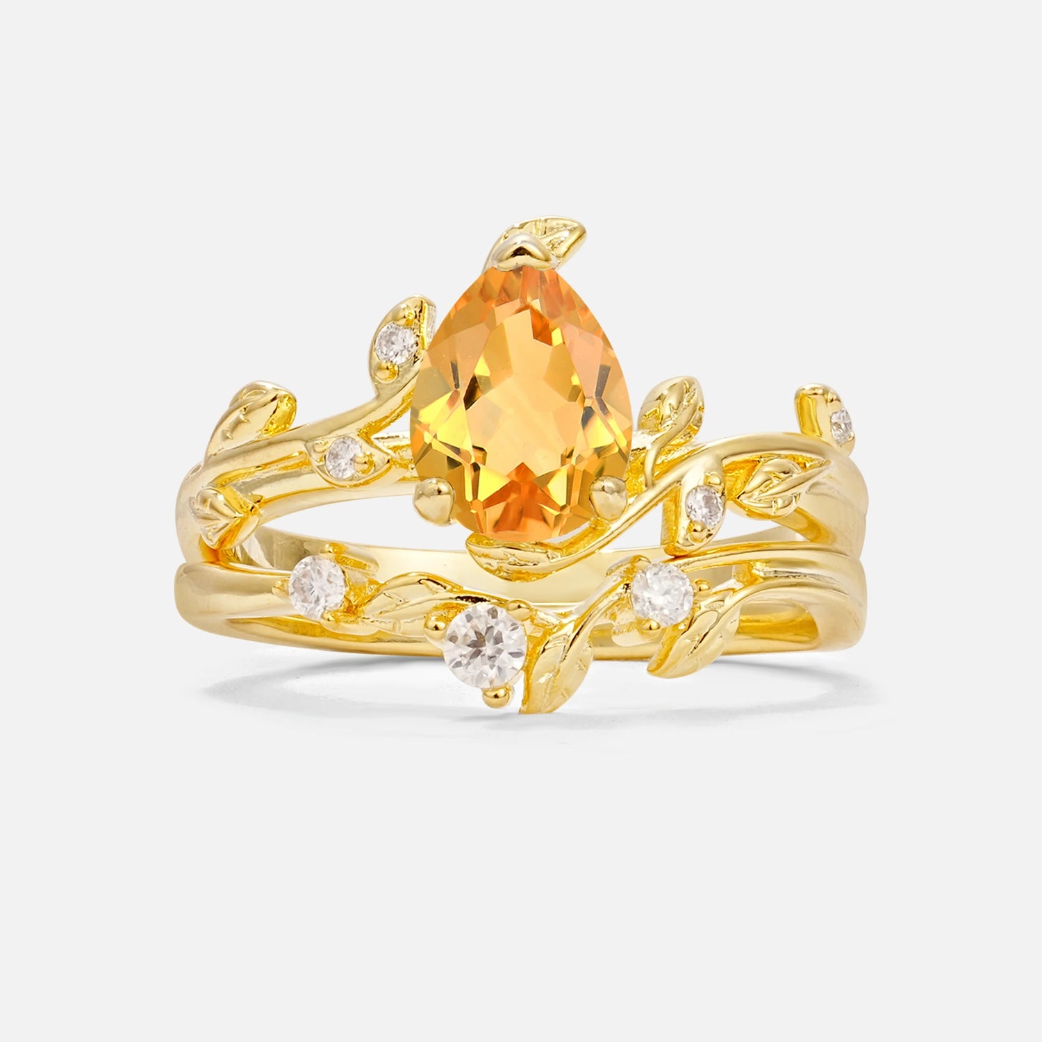 Nature-Inspired Pear Cut Citrine Engagement Ring Set with Twisted Vine Accents