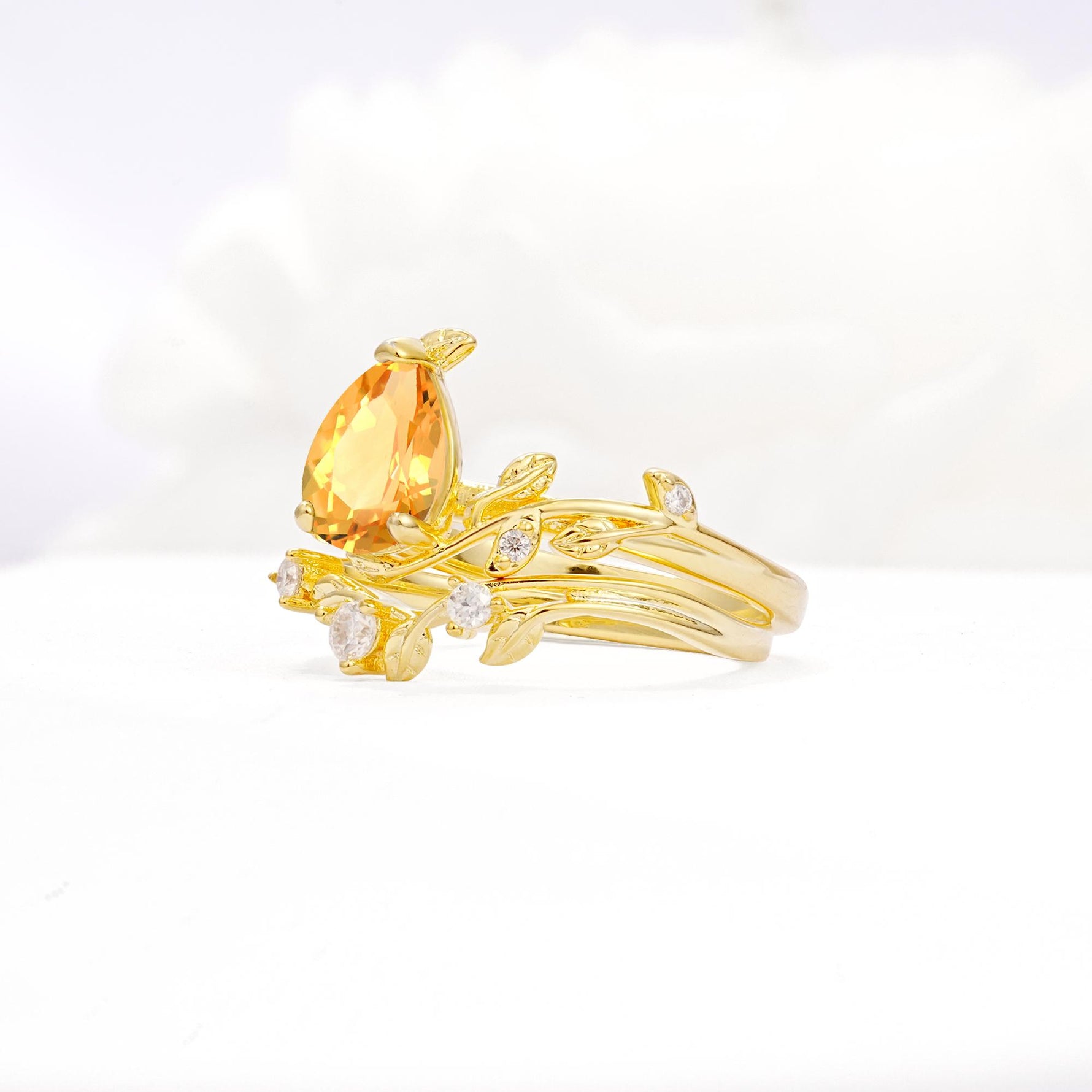 Nature-Inspired Pear Cut Citrine Engagement Ring Set with Twisted Vine Accents - White-Gold