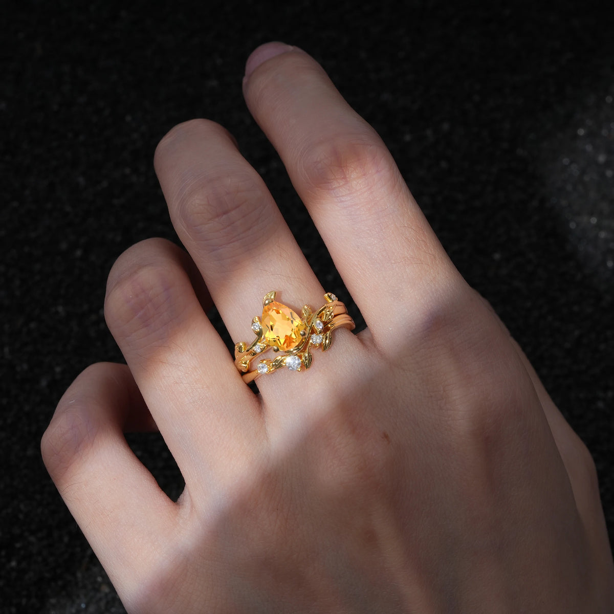 Nature-Inspired Pear Cut Citrine Engagement Ring Set with Twisted Vine Accents