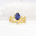Nature-Inspired Pear Cut Tanzanite Engagement Ring Set with Twisted Vine Accents - Yellow-Gold