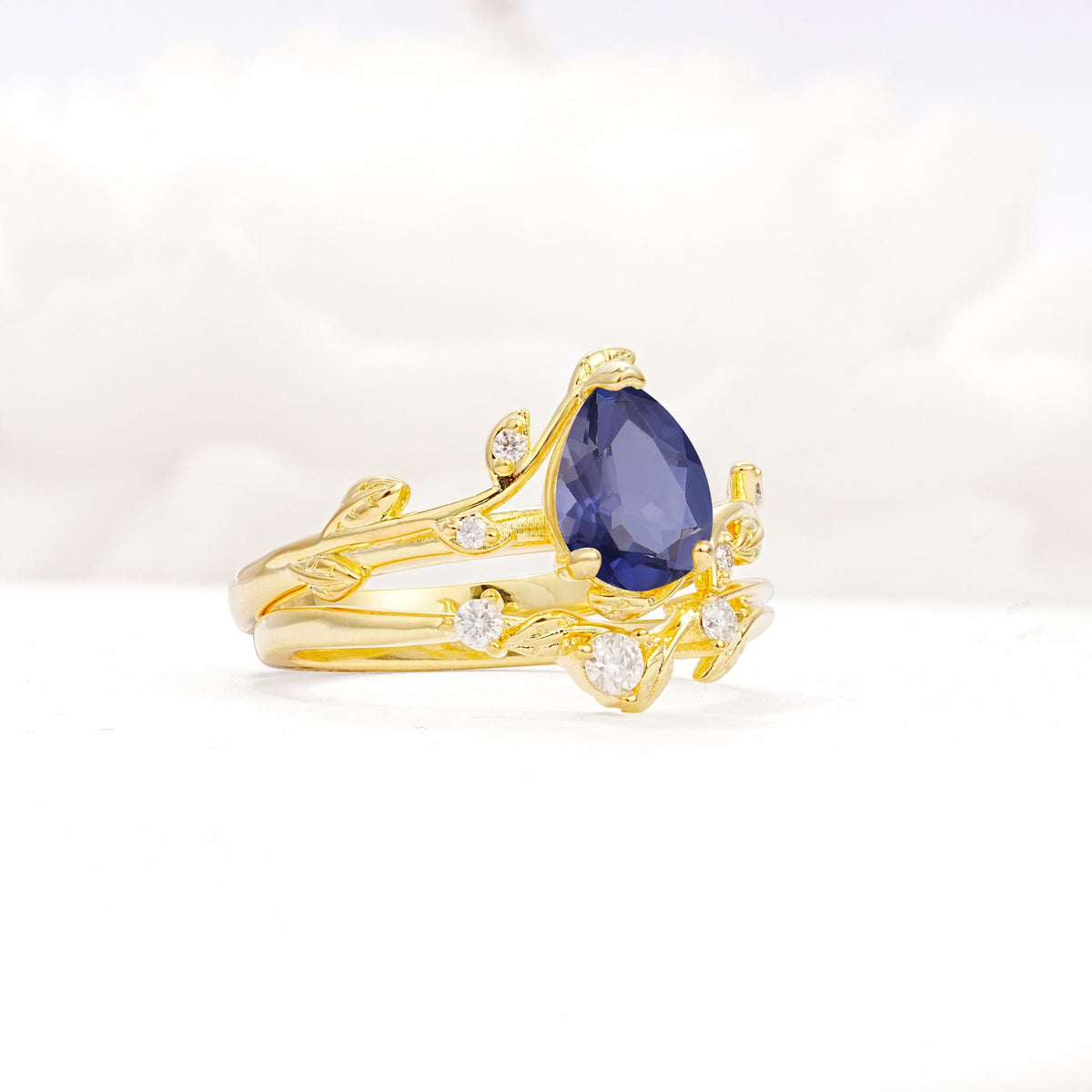 Nature-Inspired Pear Cut Tanzanite Engagement Ring Set with Twisted Vine Accents - Rose-Gold