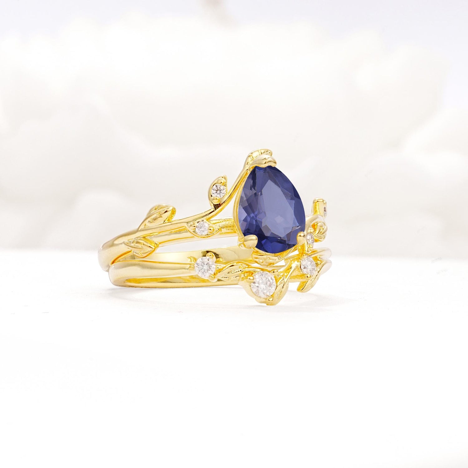 Nature-Inspired Pear Cut Tanzanite Engagement Ring Set with Twisted Vine Accents - Rose-Gold