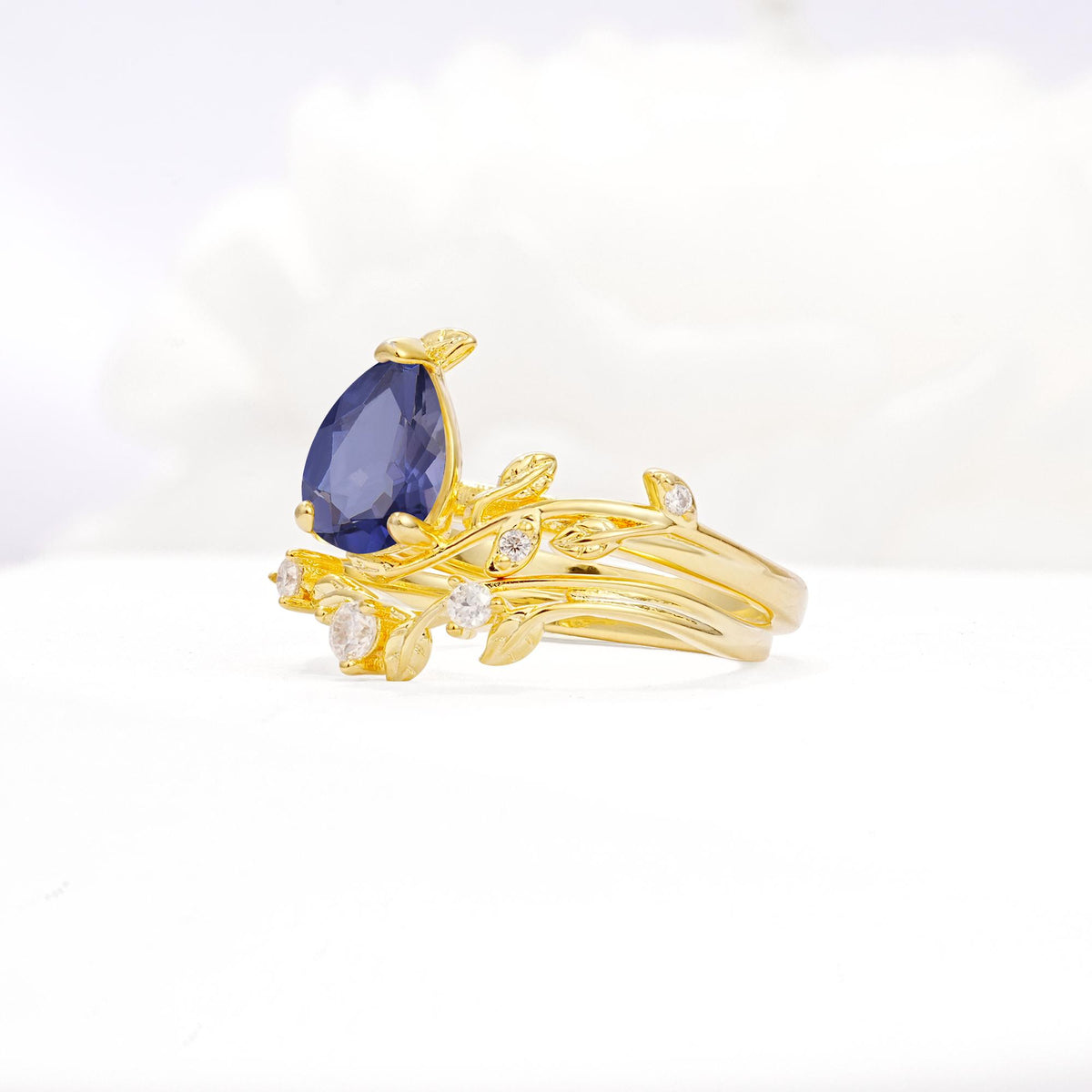 Nature-Inspired Pear Cut Tanzanite Engagement Ring Set with Twisted Vine Accents - White-Gold