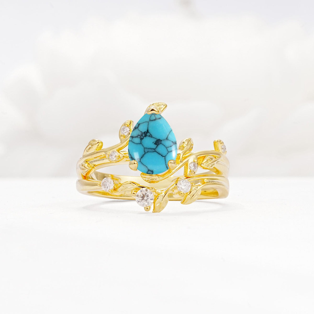Nature-Inspired Pear Cut Turquoise Engagement Ring Set with Twisted Vine Accents - Yellow-Gold