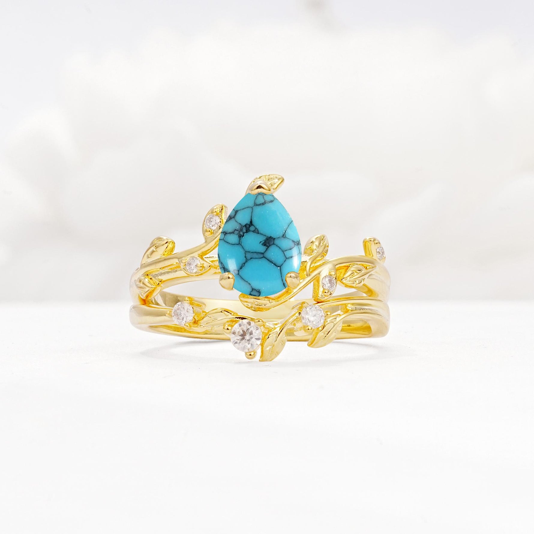 Nature-Inspired Pear Cut Turquoise Engagement Ring Set with Twisted Vine Accents - Yellow-Gold