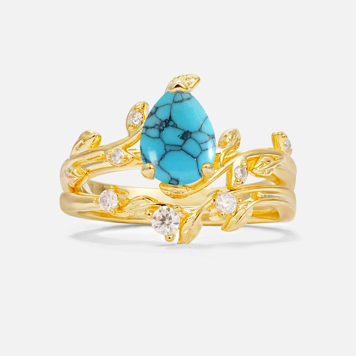 Nature-Inspired Pear Cut Turquoise Engagement Ring Set with Twisted Vine Accents