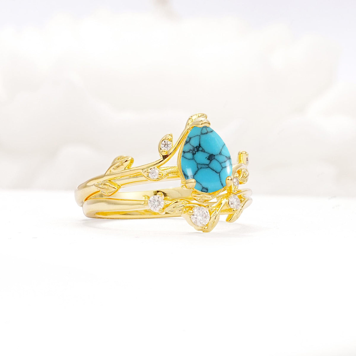 Nature-Inspired Pear Cut Turquoise Engagement Ring Set with Twisted Vine Accents - Rose-Gold