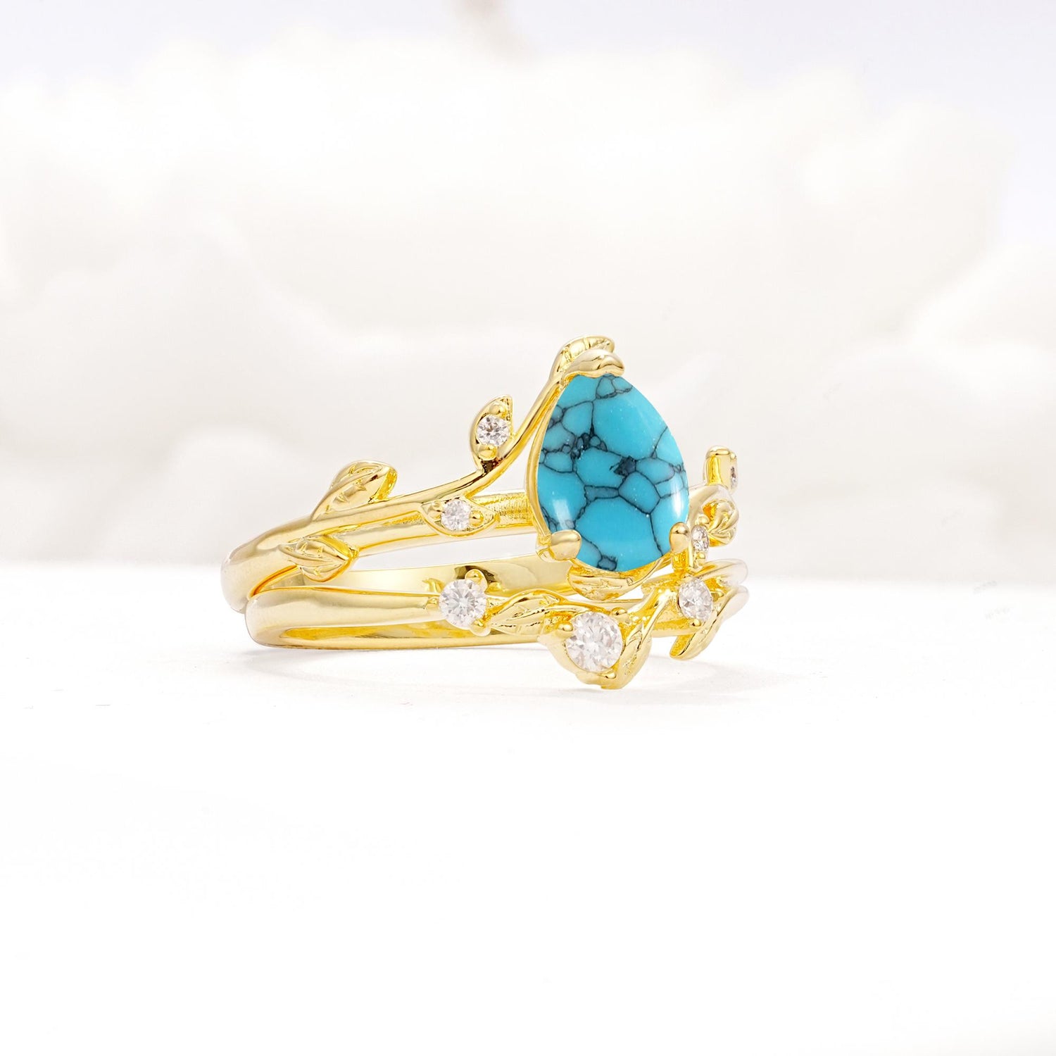 Nature-Inspired Pear Cut Turquoise Engagement Ring Set with Twisted Vine Accents - Rose-Gold