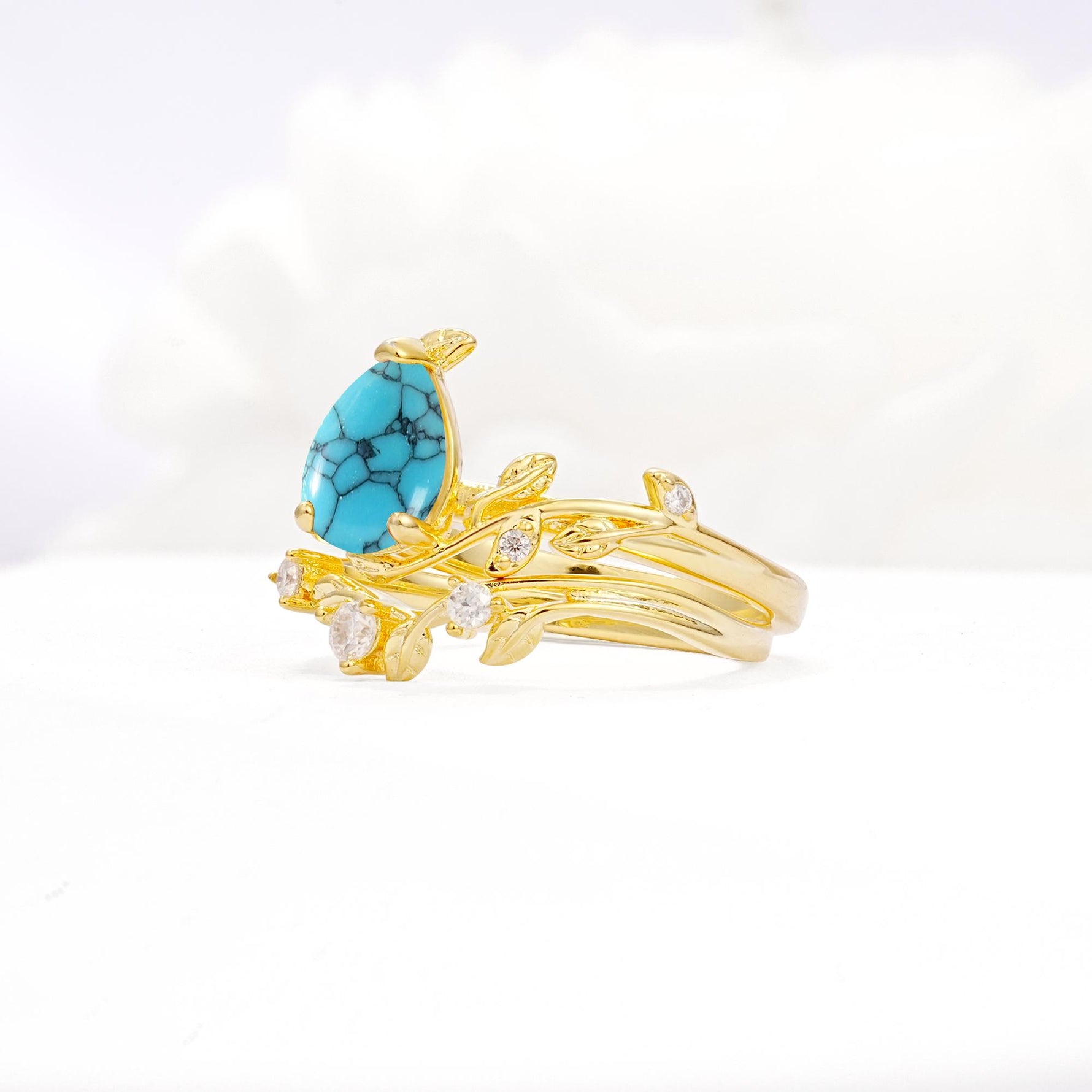 Nature-Inspired Pear Cut Turquoise Engagement Ring Set with Twisted Vine Accents - White-Gold