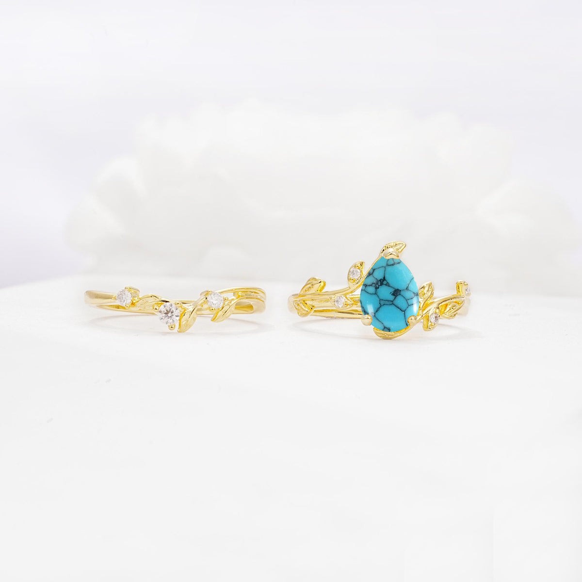 Nature-Inspired Pear Cut Turquoise Engagement Ring Set with Twisted Vine Accents - Additional view