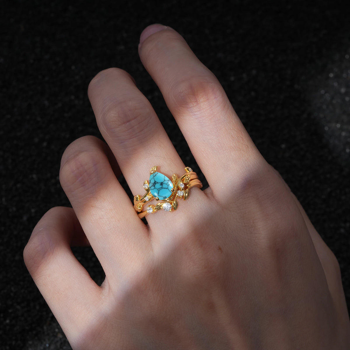 Nature-Inspired Pear Cut Turquoise Engagement Ring Set with Twisted Vine Accents