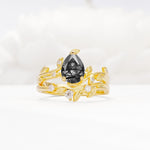Nature-Inspired Pear Cut Black Rutilated Quartz Engagement Ring Set with Twisted Vine Accents - Yellow-Gold