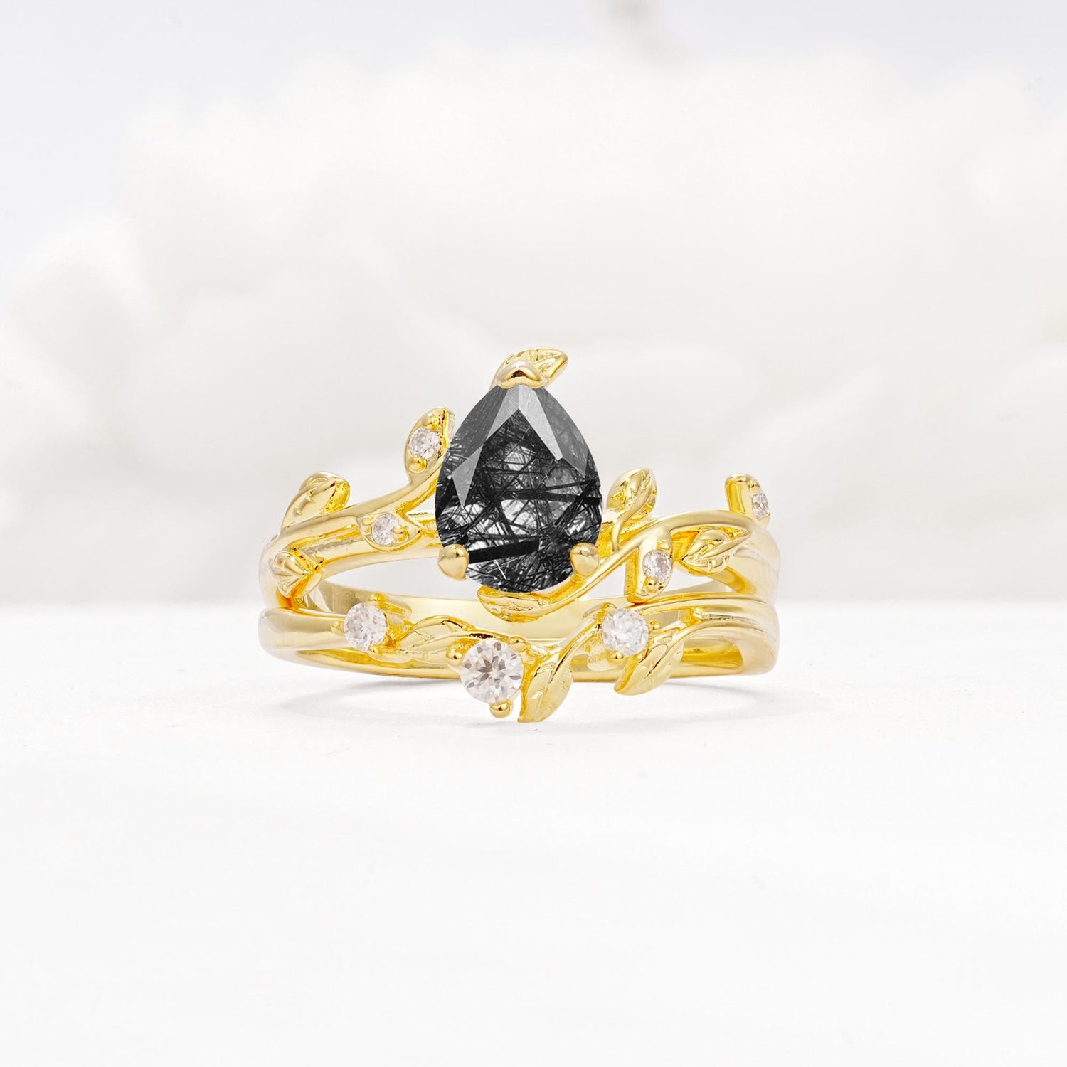 Nature-Inspired Pear Cut Black Rutilated Quartz Engagement Ring Set with Twisted Vine Accents - Yellow-Gold
