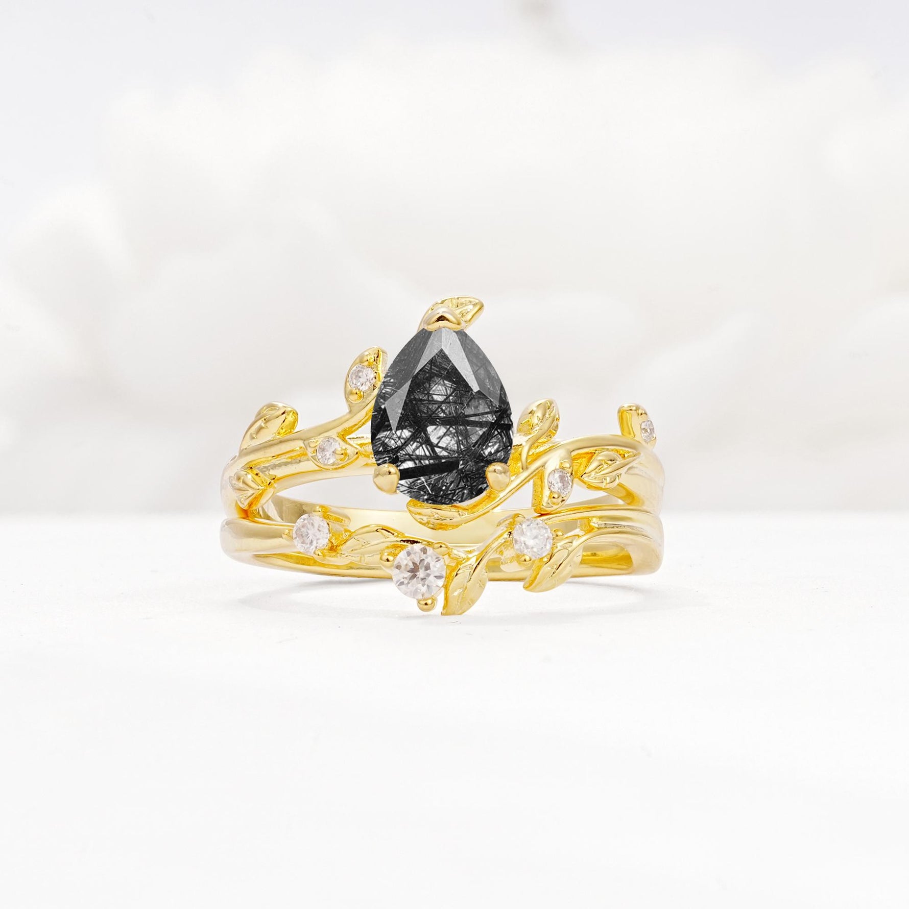Nature-Inspired Pear Cut Black Rutilated Quartz Engagement Ring Set with Twisted Vine Accents - Yellow-Gold