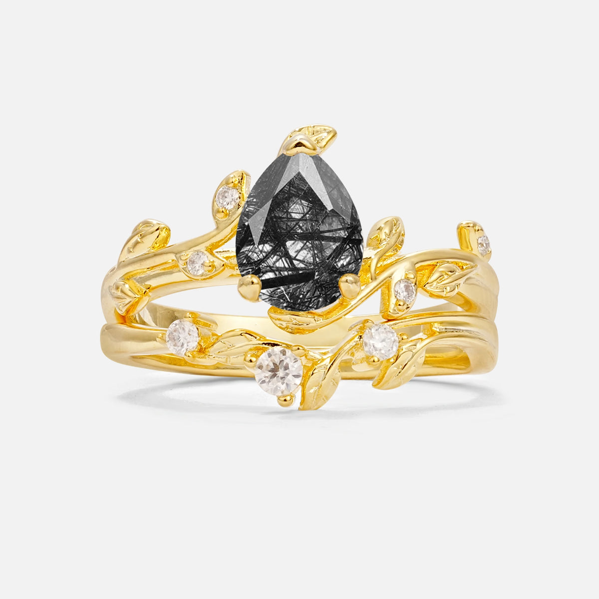 Nature-Inspired Pear Cut Black Rutilated Quartz Engagement Ring Set with Twisted Vine Accents