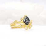 Nature-Inspired Pear Cut Black Rutilated Quartz Engagement Ring Set with Twisted Vine Accents - Rose-Gold